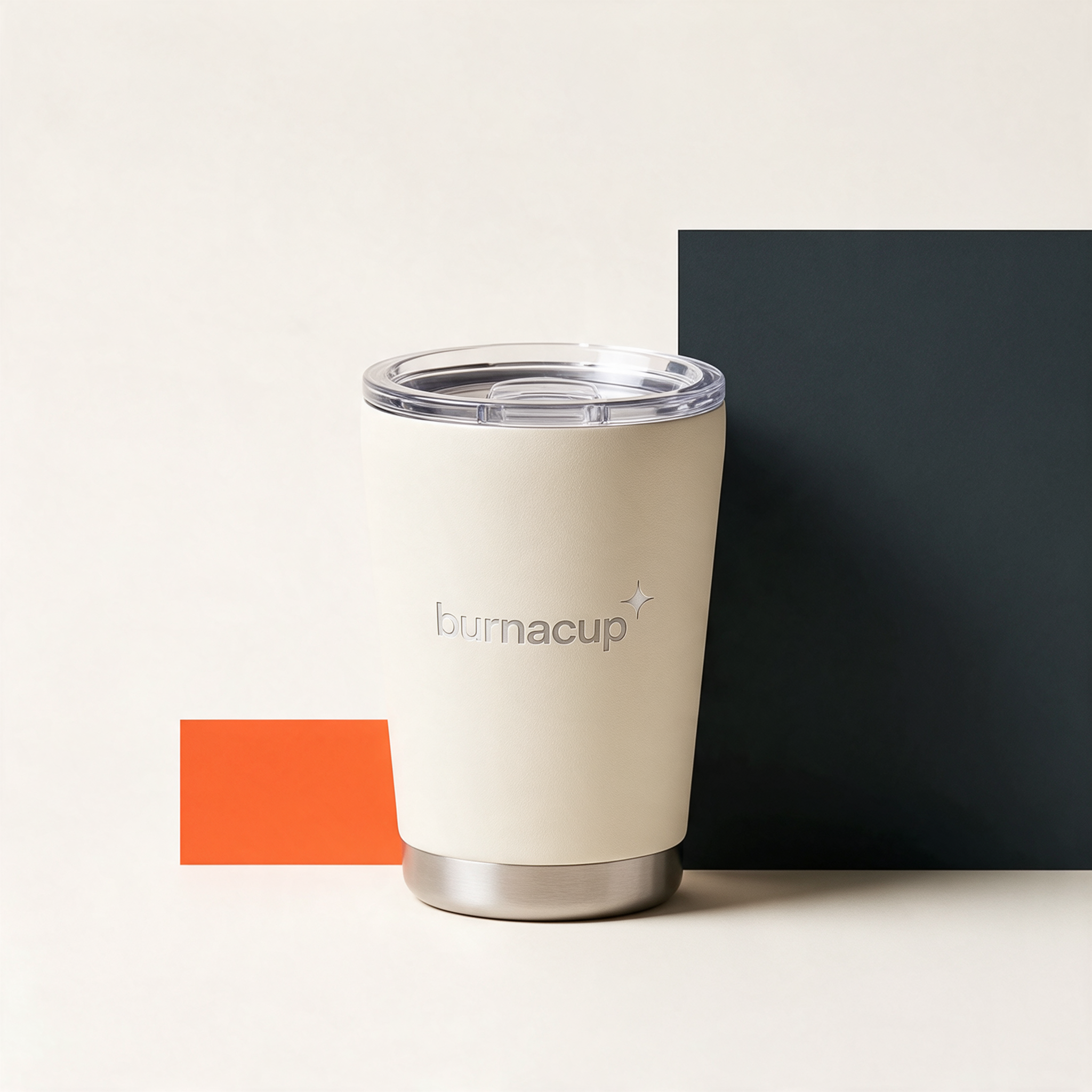 Cream Burnacup stainless steel travel coffee cup with silver engraving