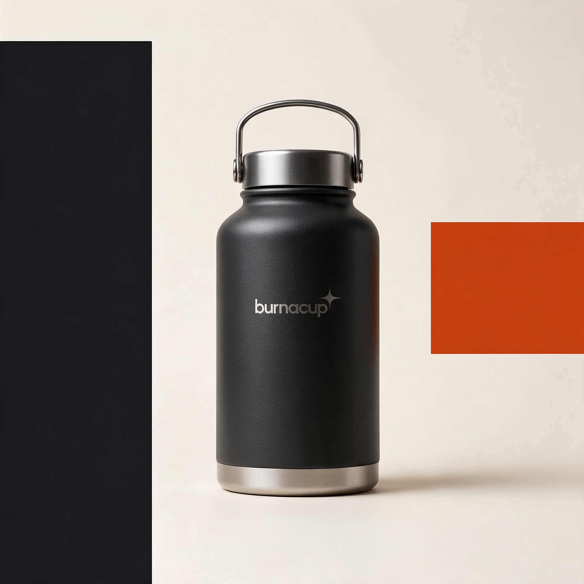 Large charcoal stainless steel water bottle with carry handle and silver Burnacup engraving