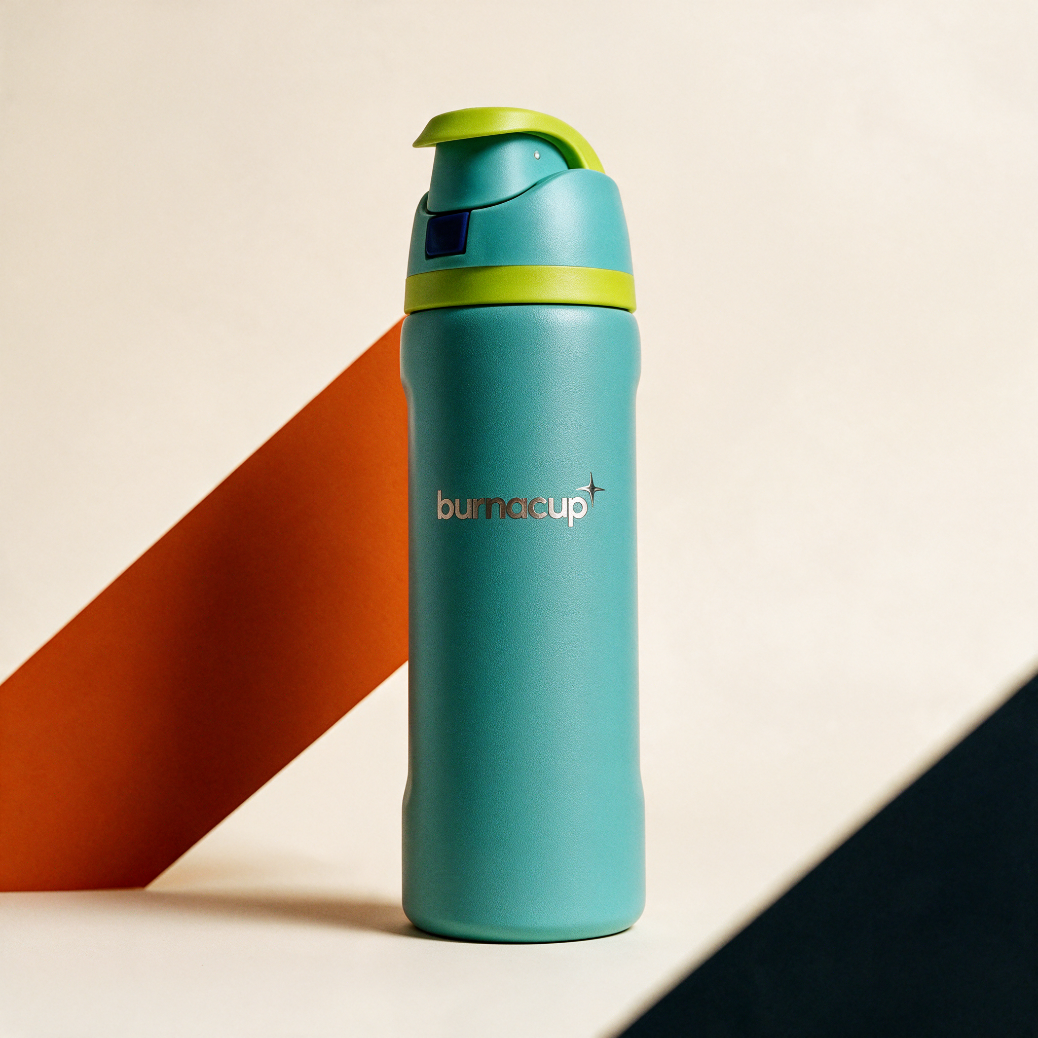 Large turquoise water bottle with lime-green lid details and silver Burnacup engraving